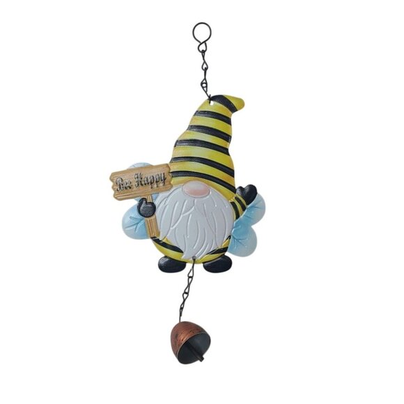 Unbranded Other - Bee Happy Gnome Metal Hanging Decor with Bell Garden Porch Ornament